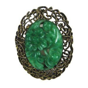 Green Cameo STYLE Oval Brooch Pin Goldtone Vintage 1980s  2.2 inch Estate Flower